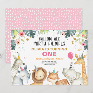 Party Animals Safari Gold Girl Tiere Geburtstag Einladung