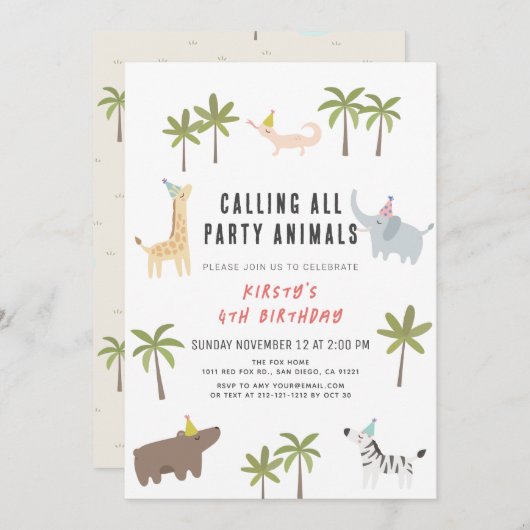 Party Animals Safari Kindergeburtstag Einladung (Vorne/Hinten)