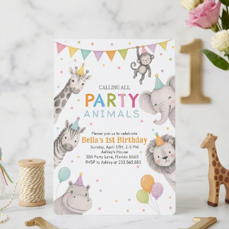 Party Animals Safari Mädchen 1. Geburtstagseinladu Einladung