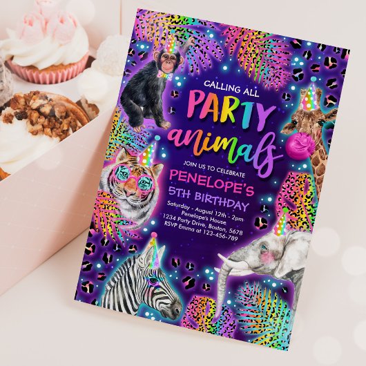 Party Animals Safari Neon Rainbow Cheetah Birthday Einladung