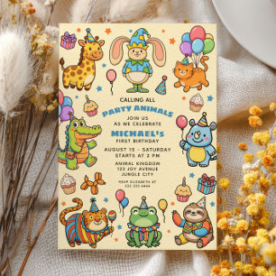 Party Animals Whimsical ZOO First Birthday Party - Einladung