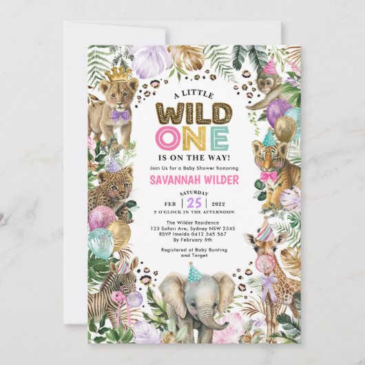Party Animals Wild Safari Pink Lilac Baby Dusche I Einladung (Vorderseite)