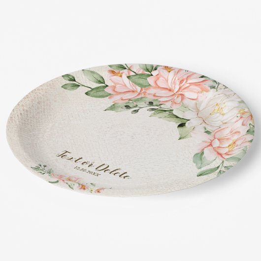 Party Aquarell Peach Weiße Blume Elegante Pappteller (Schrägansicht)