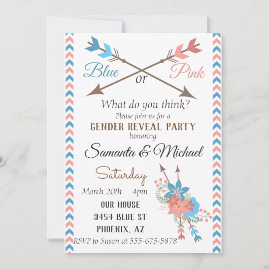 Party Arrow Blue Pink Boho Blume Einladung (Vorderseite)
