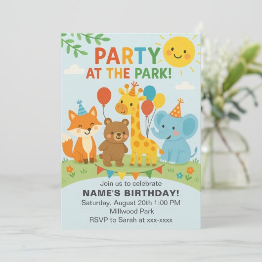 Party at The Park Animals Birthday Invitation Einladung (Stehend Vorderseite)
