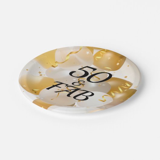 Party aus Gold und Weißballons Pappteller (Schrägansicht)