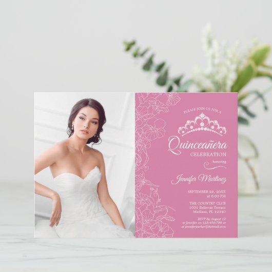 Party aus Quinceanera mit Foto - Rosa, weiße Blume Einladung (Stehend Vorderseite)