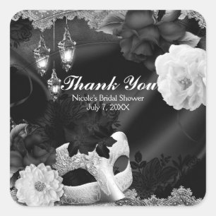 Party aus schwarzem und weißem Seidenblumen und Sp Quadratischer Aufkleber