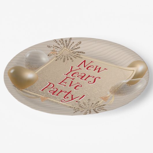 Party aus Silvester, Gold, Weißballons, Pappteller (Schrägansicht)