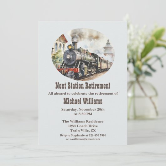 Party-Bahnhof für Ruhestandsbahnen Einladung (Stehend Vorderseite)
