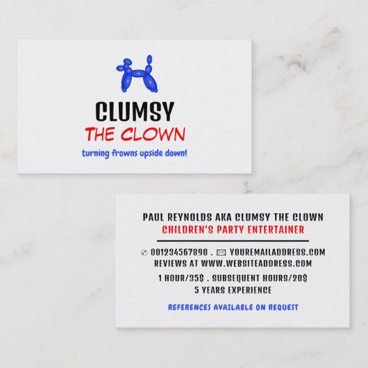 Party Ballon, Kinder Entertainer, Clown Visitenkarte (Vorne/Hinten)