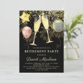 Party Balloons Gold Glitzer Black Einladung (Stehend Vorderseite)