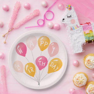 Party Balloons Pink Yellow Kid Happy Geburtstag Pappteller