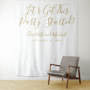 Party Begonnen Gold Script Foto Stand Hintergrund Wandteppich