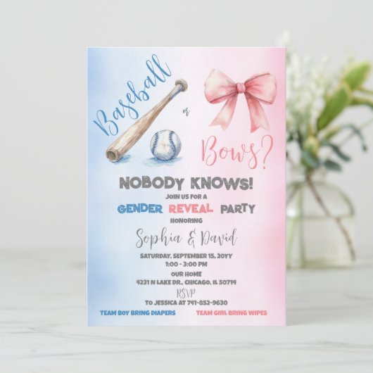 Party bei Baseball oder Bows Genderoffenbarung Einladung (Stehend Vorderseite)