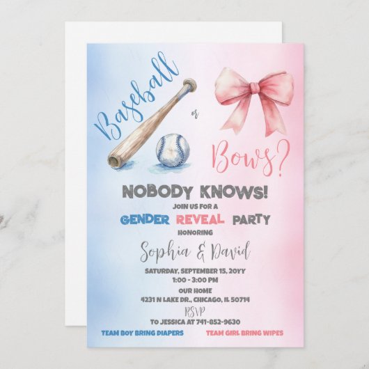 Party bei Baseball oder Bows Genderoffenbarung Einladung (Vorne/Hinten)