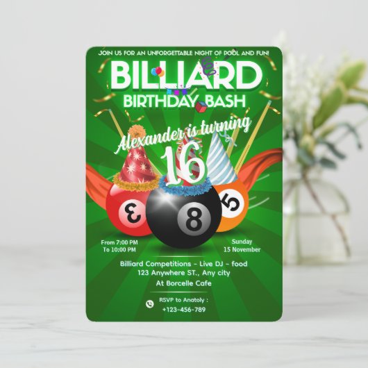 Party Billiard Balls Custom Pool Table Theme Einladung (Stehend Vorderseite)