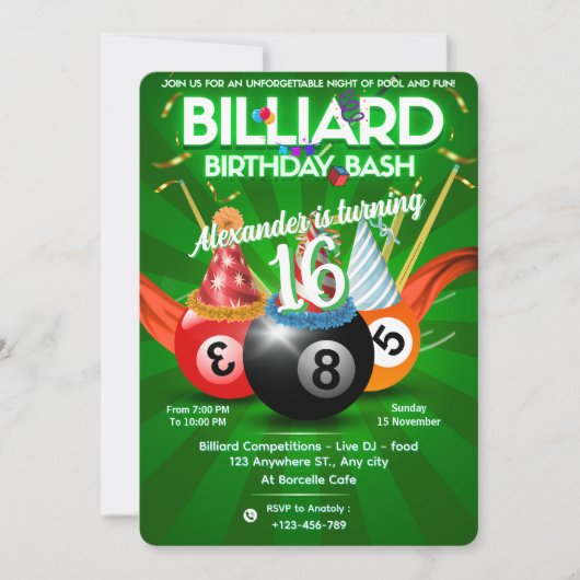 Party Billiard Balls Custom Pool Table Theme Einladung (Vorderseite)