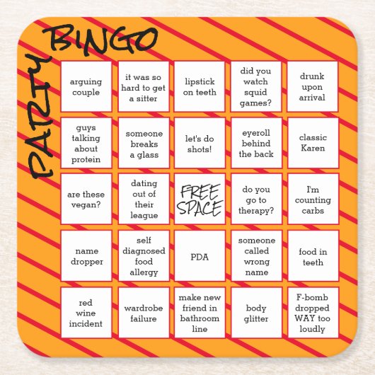 Party Bingo Funny Orange Red Modern Rechteckiger Pappuntersetzer (Vorderseite)