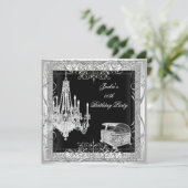 Party Birthday Silver Chandelier White Black Einladung (Stehend Vorderseite)