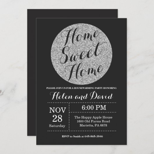 Party Black Silver Glitzer Einladung zur Haushalts (Vorne/Hinten)