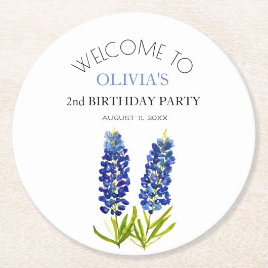 Party Bluebonnets Blume Baby Girl Runder Pappuntersetzer (Vorderseite)