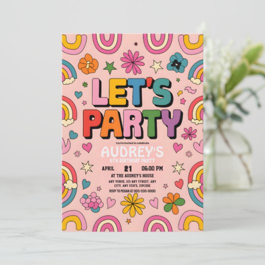 Party Boho Rainbow Pink Retro Einladung (Stehend Vorderseite)