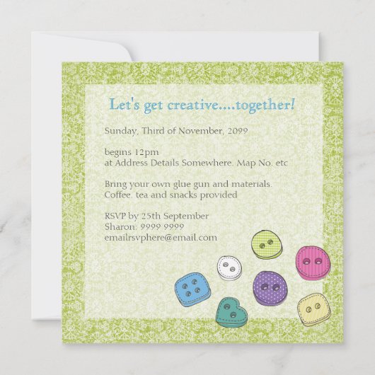 Party-Buttons für Kunsthandwerk laden ein Einladung (Rückseite)