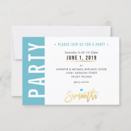 PARTY CARD niedlich türkisblaue, weiße Herzen Gold RSVP Karte