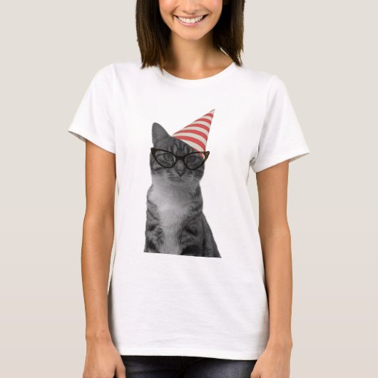 Party Cat gestreift Hut 50er Brille T-Shirt (Vorderseite)