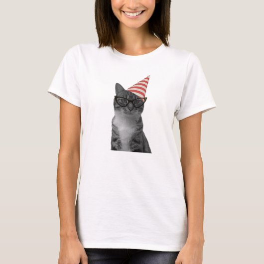 Party Cat gestreift Hut 50er Brille T-Shirt (Vorderseite)