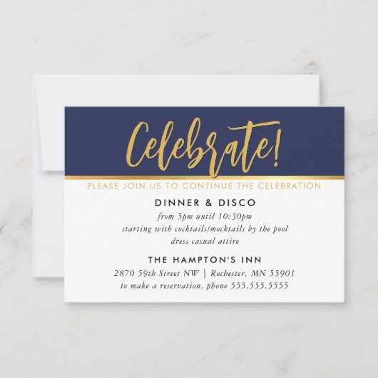 PARTY CELEBRATION CARD Modernes Marineboldgold Einladung (Vorderseite)