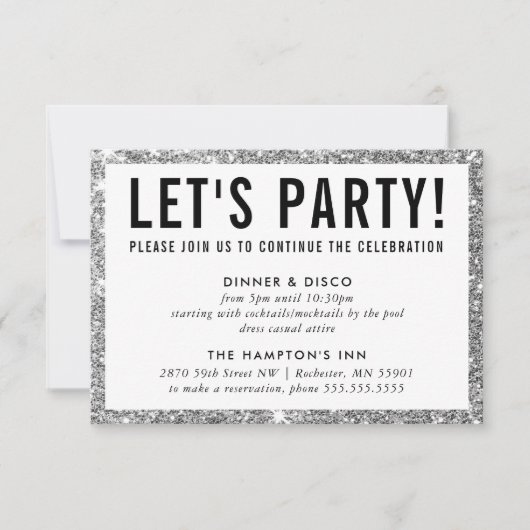 PARTY CELEBRATION INFO cute modern silver glitter Einladung (Vorderseite)