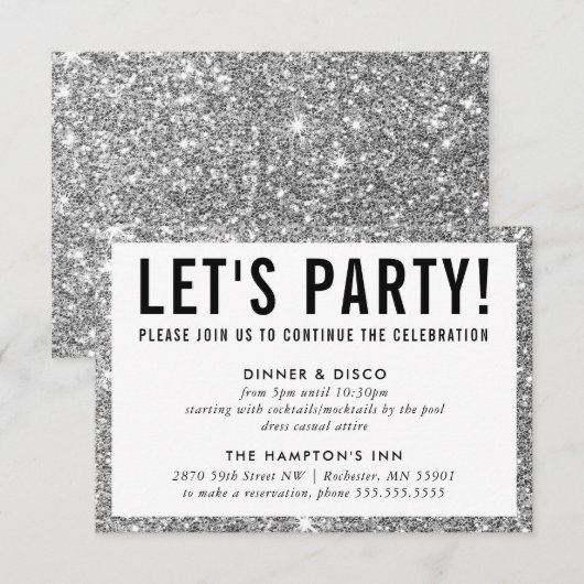 PARTY CELEBRATION INFO cute modern silver glitter Einladung (Vorne/Hinten)