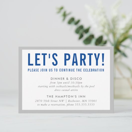 PARTY CELEBRATION INFO Moderner Junge grau Einladung (Stehend Vorderseite)