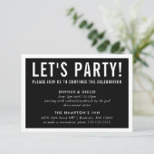 PARTY CELEBRATION INFO Modernes Schwarz Einladung (Stehend Vorderseite)
