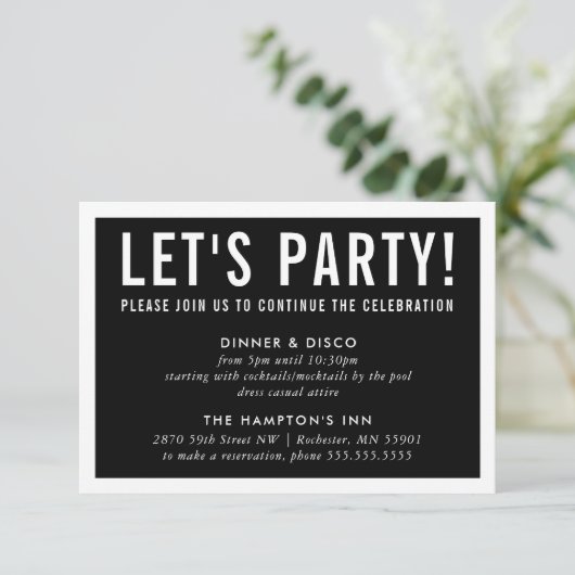 PARTY CELEBRATION INFO Modernes Schwarz Einladung (Stehend Vorderseite)