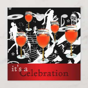 Party Celebration Red Wine Glass Retro Musik Einladung