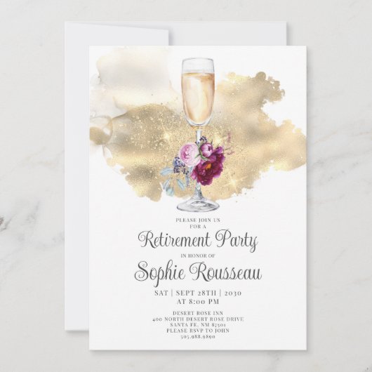 Party Champagne Glitzer Floral Einladung (Vorderseite)