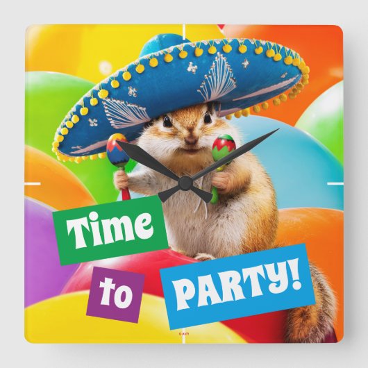 Party Chipmunk in Sombrero Quadratische Wanduhr (Vorderseite)