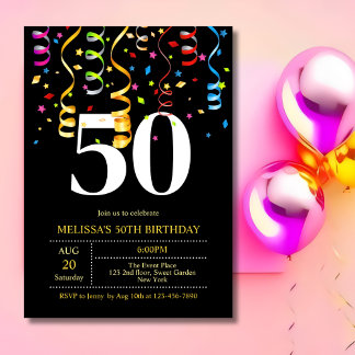 Party Confetti Ribbon Black Birthday Einladung