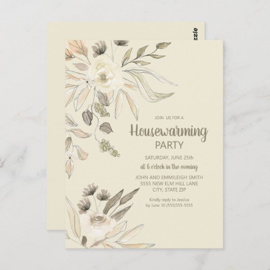 Party Creme Brown Aquarell Floral Postkarte (Vorne/Hinten)