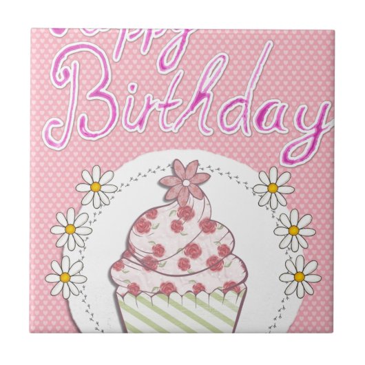 Party Cupcake Pink Happy Geburtstag Fliese (Vorderseite)