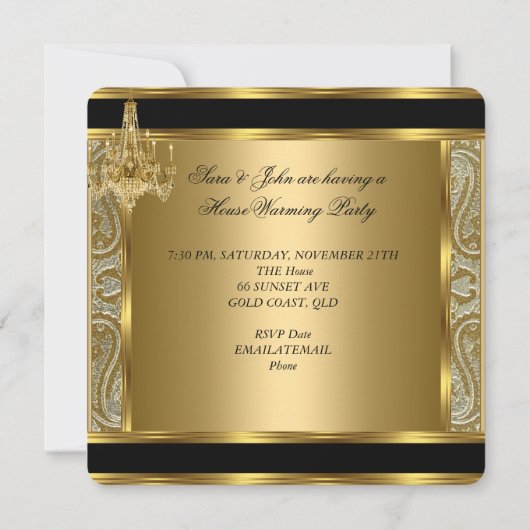 Party Damask Chandelier Gold Stuhl Einladung (Rückseite)