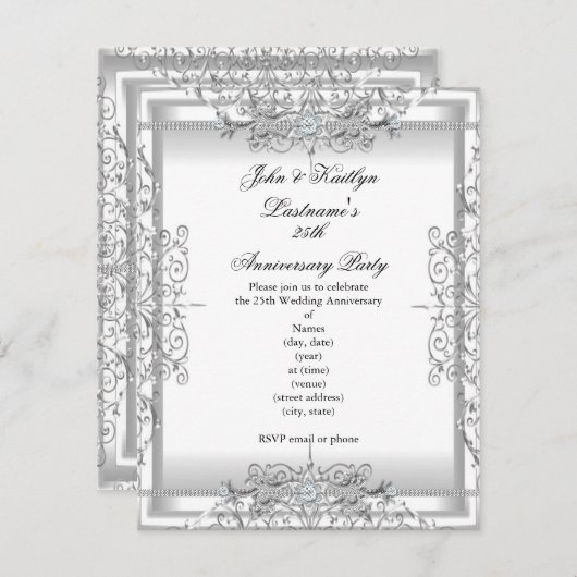 Party Damask Silver White zum 25. Jahrestag Einladung (Vorne/Hinten)