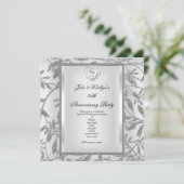 Party Damask Silver White zum 25. Jahrestag Einladung (Stehend Vorderseite)
