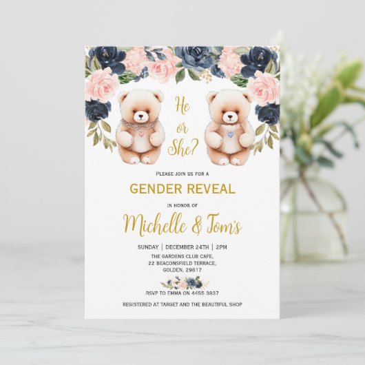 Party des blauen oder rosa Teddybären Einladung (Stehend Vorderseite)