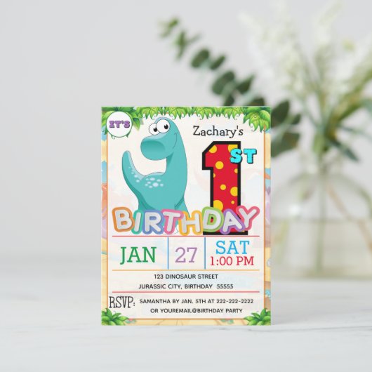 Party Dinosaur Einladung (Stehend Vorderseite)