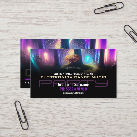 Party DJ Dance Magic Forest Lights Business Card Visitenkarte (Vorderseite/Rückseite Beispiel)
