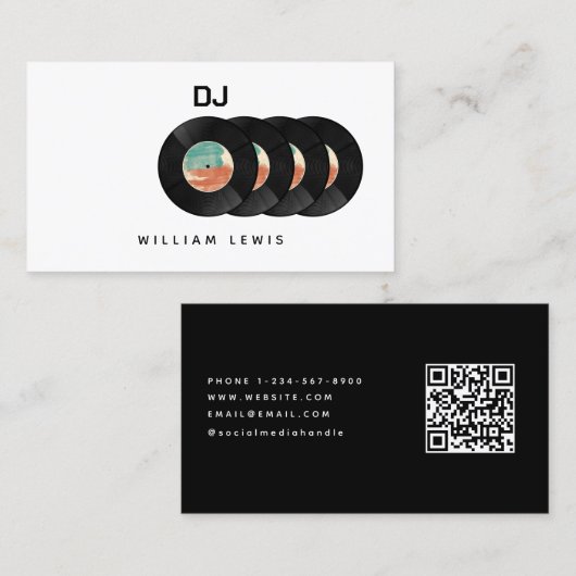 Party DJ Deejay Retro Vinyl Record QR Code Visitenkarte (Vorne/Hinten)